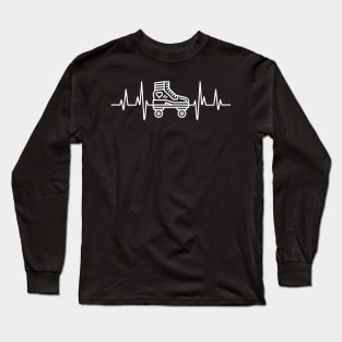 Roller Skate line drawing and heartbeat in white for skaters and roller derby fans Long Sleeve T-Shirt